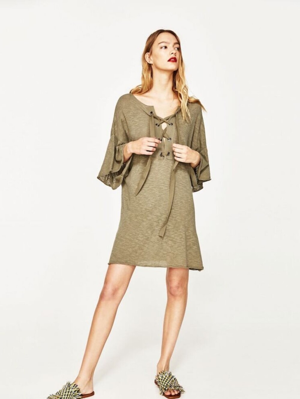 Zara Knit Green Lace Up Tunic Dress Size M